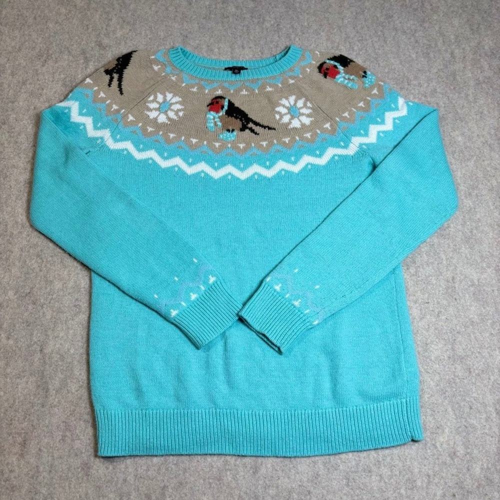 Talbots Sweater Womens MP Turquoise Knit Fair Isle Bird Winter Classic Preppy